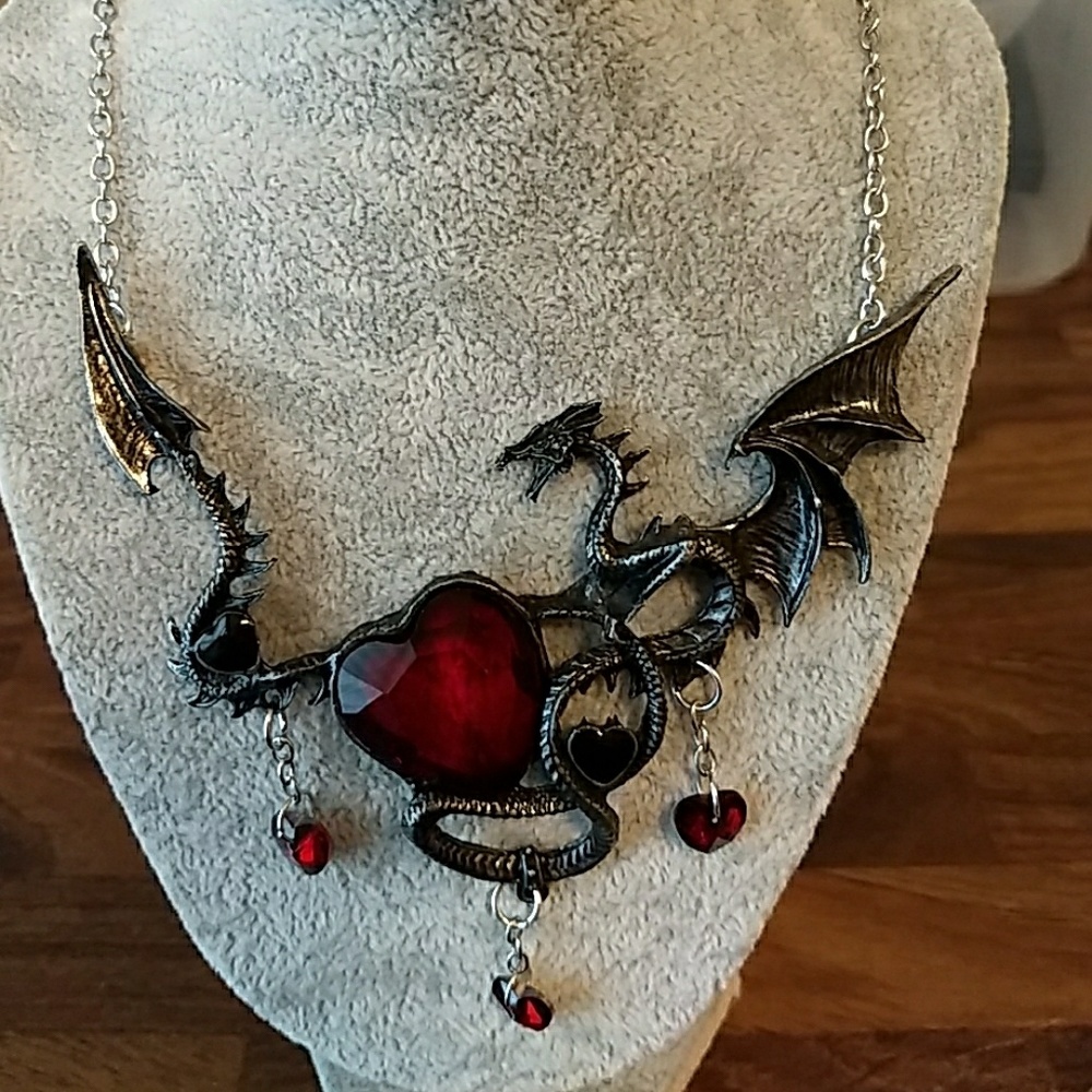 Dragon necklace with red hearts